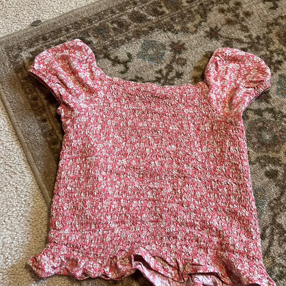 Pink and beige floral ruffle off the shoulder, puffy sleeve,tight crop top